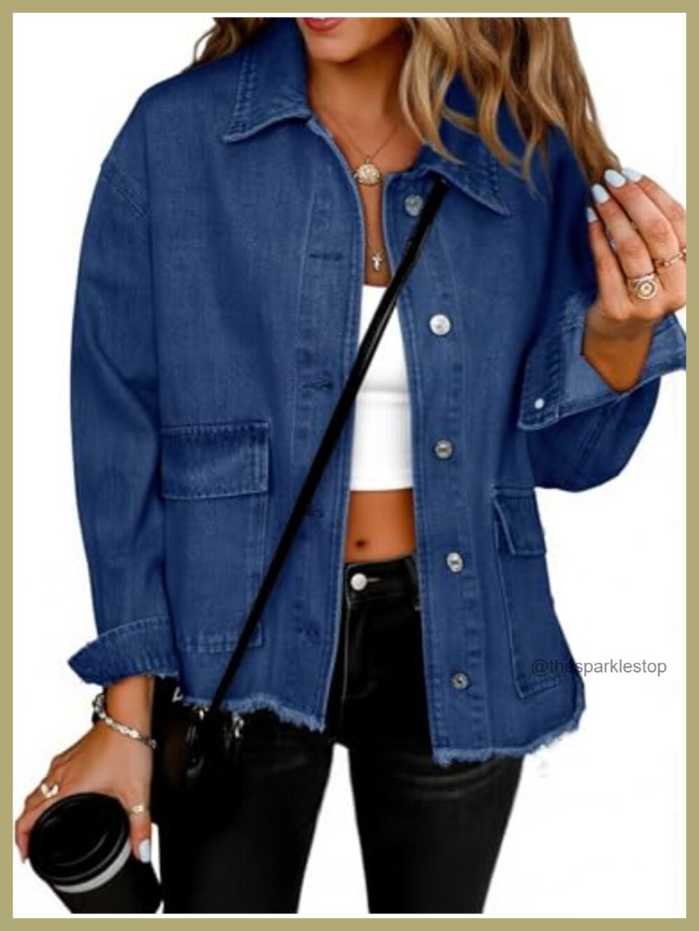 Womens Cropped Denim Jacket Vintage Loose Fit Button Down Frayed Hem Casual